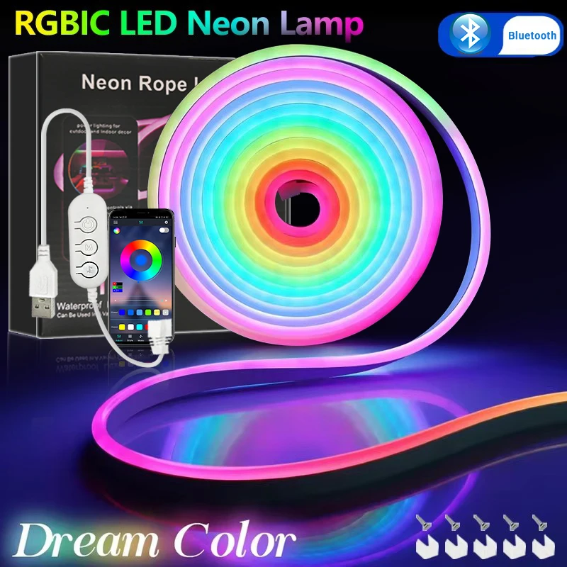 S1cdd70fb5702419aab260ec0d9690eb07.webp RGBIC Neon LED Strip 1/2/3/5M IP65 Waterproof DIY USB Neon Strip Bluetooth App Control Flexible Ribbon for Home Decor Lighting - Image 1
