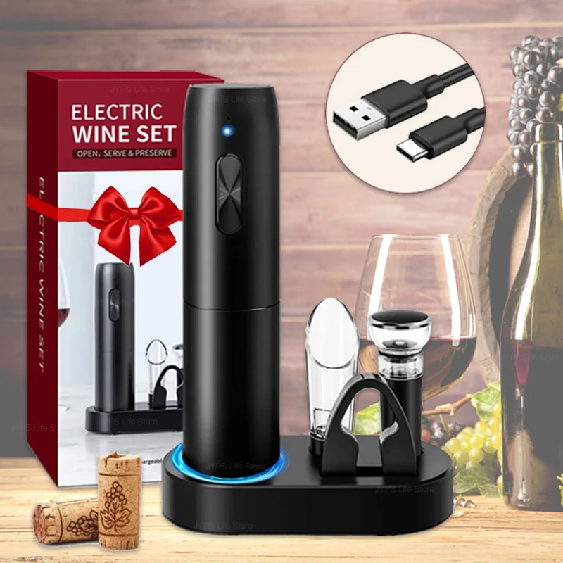 S326236ff852d4a18a114a72cfa58efcc4.webp USB Rechargeable Electric Wine Opener Set Automatic Corkscrew Wine Bottle Openers With Foil Cutter For Kitchen Bar Can Opener - Image 1