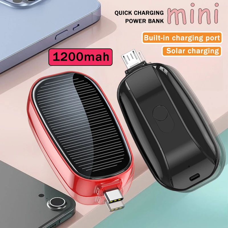 S6dc7b5eb7f0144a9bcec221e0786c8045.webp Solar Power Bank Mini Key Ring Portable Charger 1200mAh Outdoor Camping External Battery Emergent Power Cargador Portátil 보조배터리 - Image 1