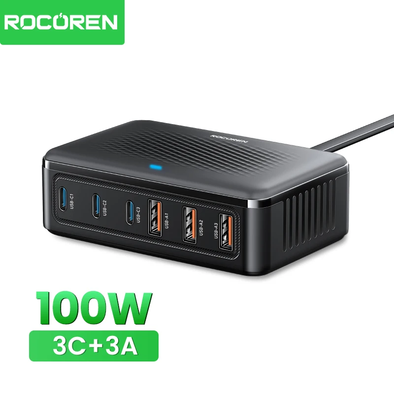 S7ebc0e6c50f34871aae7beebde6ad51c1.webp Rocoren USB Charger 100W GaN Charger 6-ports Desktop Fast Charging Type C Charger Portable Power Station For iPhone Xiaomi POCO - Image 1