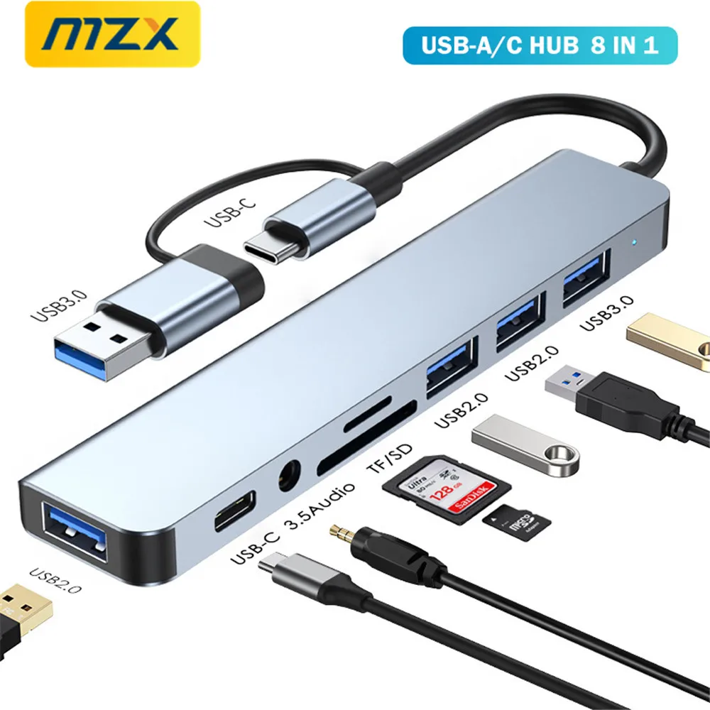 S86691429c243415295cd3e92588d9494v-1.webp MZX 8 in 1 USB Hub Docking Station Type A C 3 0 Concentrator Multi Adapter SD TF Card Reader Audio Multi-hub Dock Splitter Hubs - Image 1