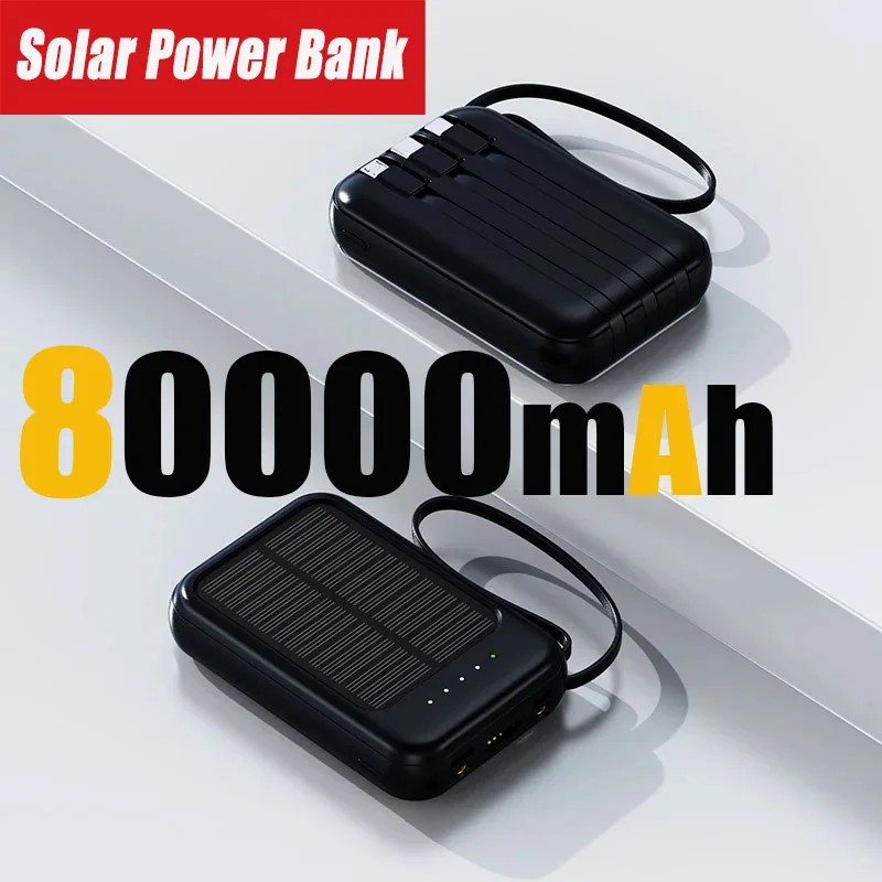 S9824b7331fbc48cb9aaa2a34f05d3640f.webp 80000mAh Portable Solar Power Bank 4 in 1 Built in Cables Comes with LED Lights Mini External Battery Charger For Xiaomi iPhone - Image 1
