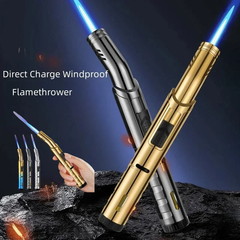 S9decde5082a847a4a655f16f454fa619n.webp 2025 New Outdoor Windproof Butane Gas Lighter Turbo Torch Blue Strong Flame Jet Metal Lighter Barbecue Welding Tool - Image 1