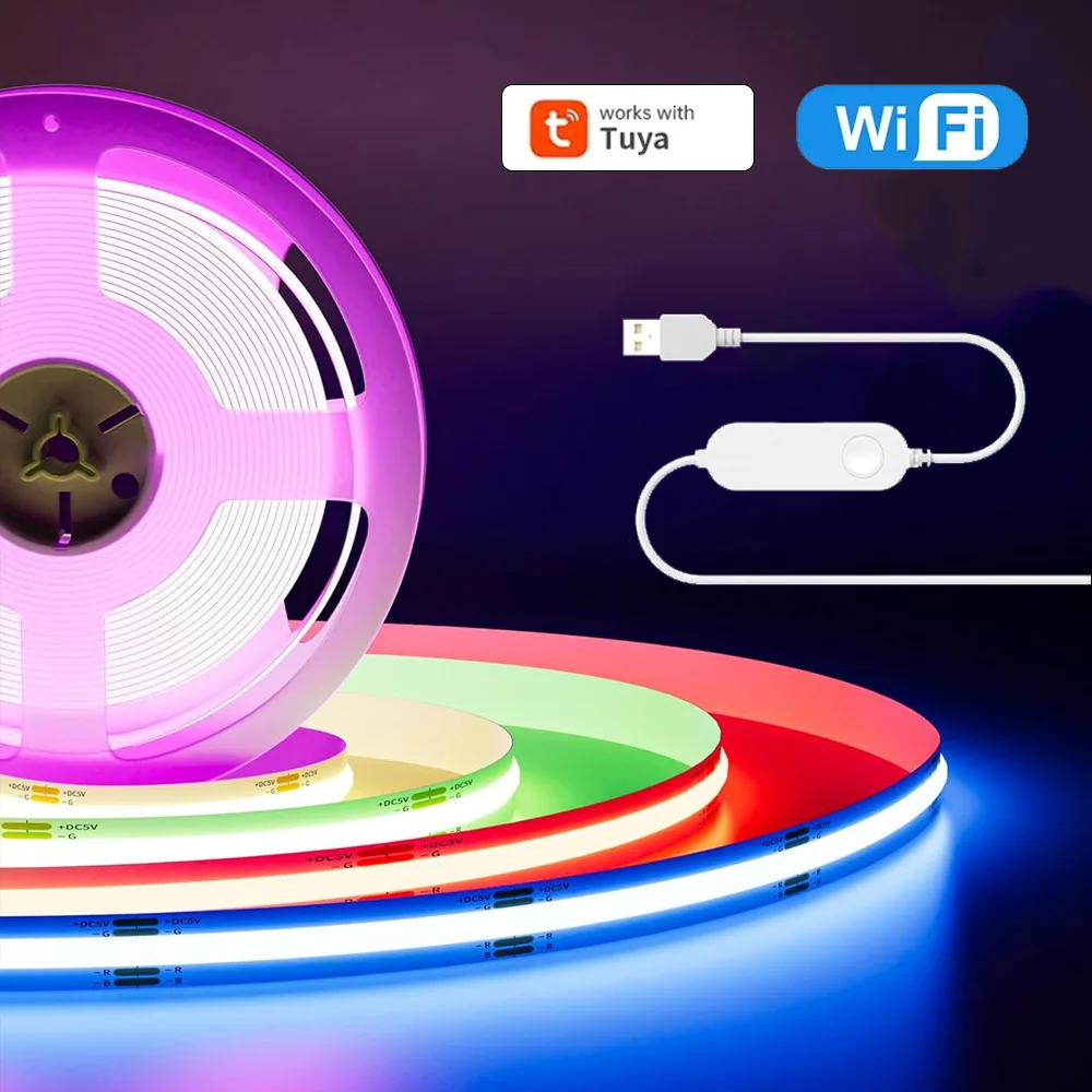 S9f636abba4214c9884f60f2e2350f273Z.webp USB Tuya WiFi COB RGB Warm White LED Strip 5V 1M 2M 3M 4M 5M Dimmable Flexible Cabinet Bed Room Game Light Fr Alexa Google Home - Image 1