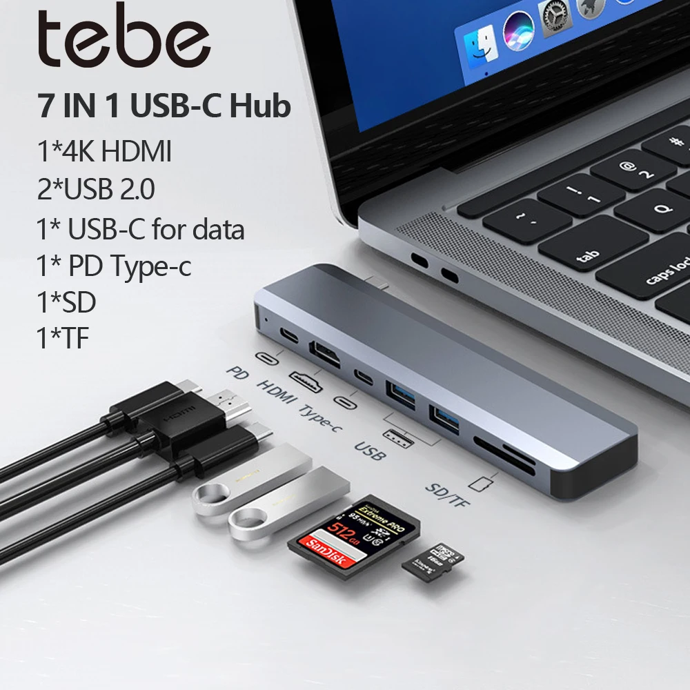 Sa2590bff73ff432887e8e7908d7487d8w-1.webp Tebe 7 IN 1 USB-C Hub Adapter Type-c to 4K HDMI-compatible USB 2.0 Data Splitter SD TF Card Reader Multiport USB C Hub for Mac - Image 1
