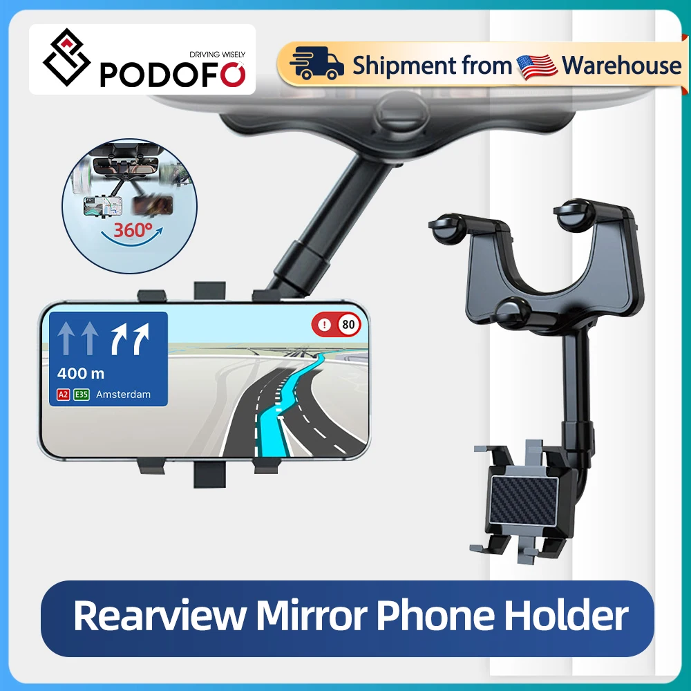Sb45a2edff4c04214853b62cf08d031b6D.webp Podofo Rearview Mirror Phone Holder for Car Mount Phone and GPS Holder Universal Rotating Adjustable Telescopic Car Phone Holder - Image 1