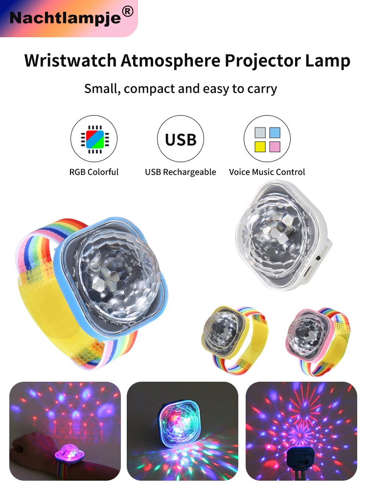 Se2514a11f35f47e7b5c15f8c839f3eeak.webp Nachtlampje Portable LED Night Light Disco Wearable Watch Sound Control Projection Disco Stage Lights Ambient Lamp for KTV Bar - Image 1