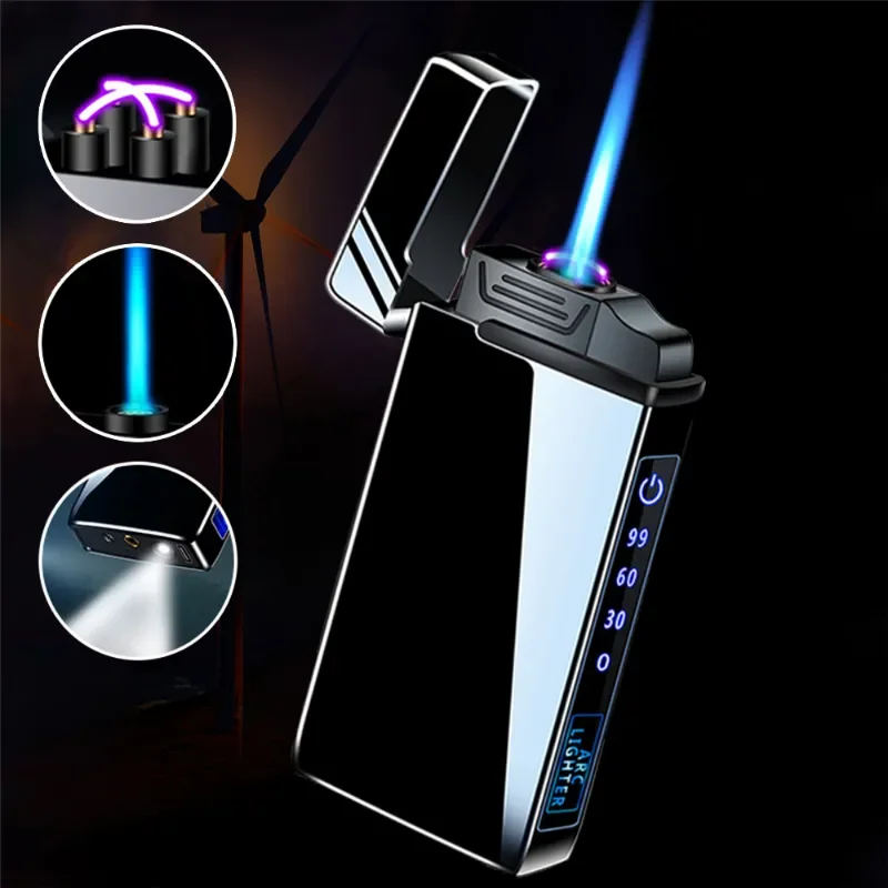 Sf030186e63cf40f3b12e80f7aeccc6bcy.webp 3in1 Jet Lighter Metal Windproof Flameless Electric Lighter Power Display USB Charge Plasma Butane Gas Lighter With Flashlight - Image 1