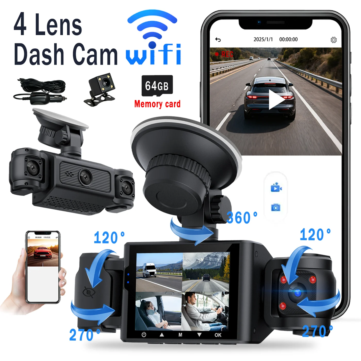Aa5ed6bbaff474fe882a29b7b5999a938D.webp 360° panoramic driving recorder, 4-channel 1080P HD Dash Cam with Wi-Fi function, super night vision, WDR, G-Sensor, loo - Image 1