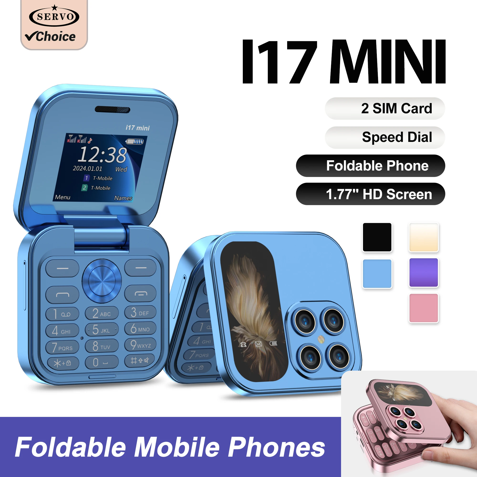 S0bd0c8056b3941abad40323c722c377fj.webp 2025 Hot Sale SERVO i17Mini 2G Small Flip Mobile Phone 2 SIM Speed Dial Magic Vioce MP3 Flashlight Mini Fold Cellphone FM Radio - Image 1