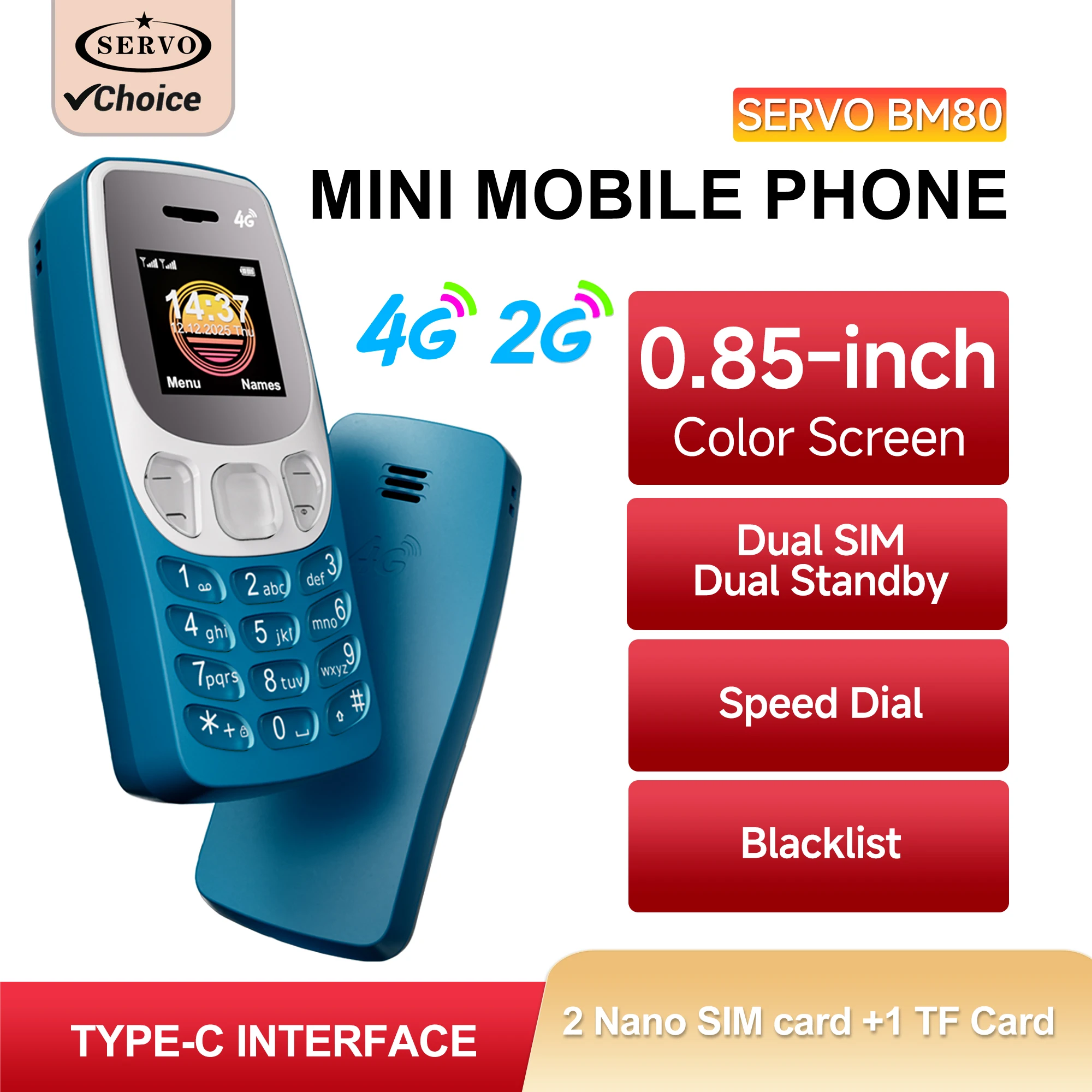 S0cec5a04c63348ab905c39c93ea978d6w.webp SERVO BM80 2G VS 4G Mini Mobile Phone Dual SIM Speed Dial Auto Call Recording Blacklist Magic Voice Small Cellular Phones Type-C - Image 1