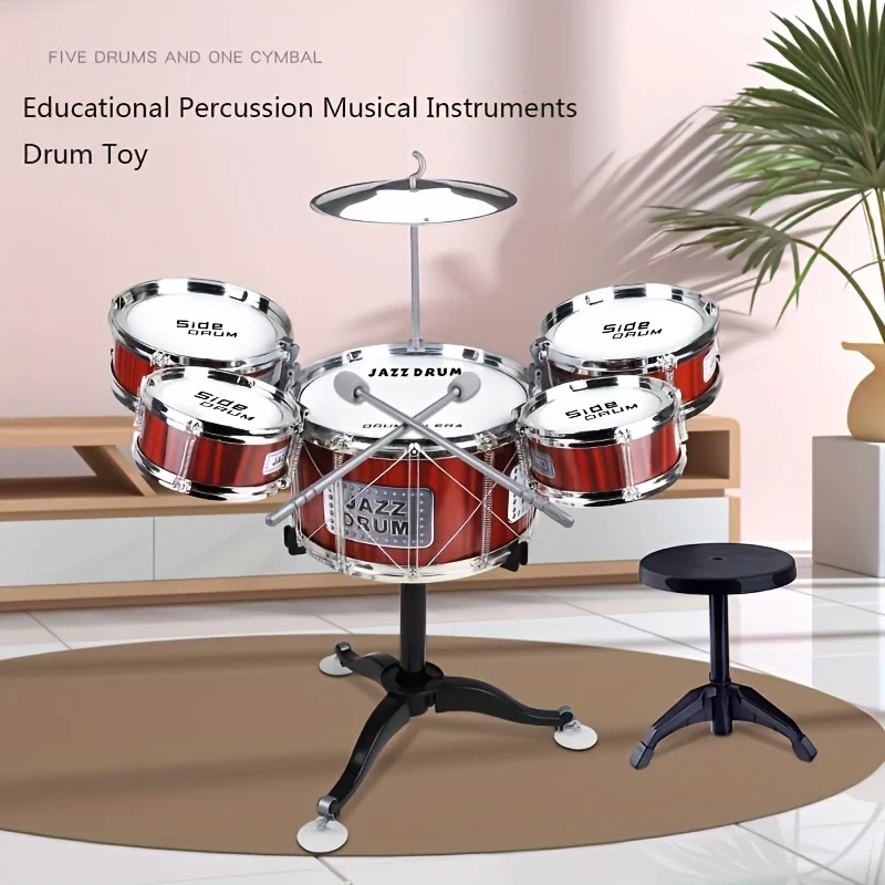 S1494158acaa84ef2ac5448f8f8c20ec5i.webp Kids Drum Set Musical Toy Drum Kit for Toddlers Jazz Drum Set with Stool, 2 Drum Sticks, Cymbal and 5 Drums Musical Instruments - Image 1