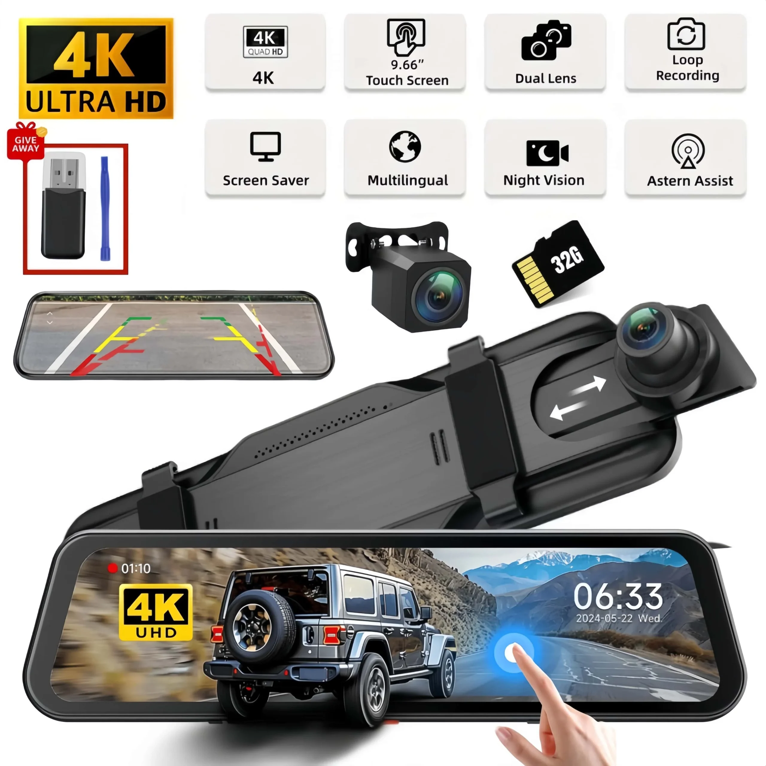 S44215fef0da14df0833841abbe08021fT.webp 9.66"IPS Touch Screen Mirror Dash Cam Front and Rear, 4K Dual Recording, AHD Backup Camera, Night Vision, G-Sensor. Limited Time - Image 1