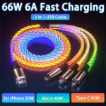 66W 6A RGB Fast Charging Cable Fast Charging Type C/Micro USB/USB RGB Streamer Glowing Line RGB Colorful Streamer