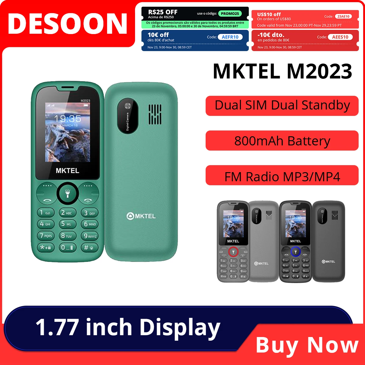 S5cc909b66bc848f4900fb63b8d929c2bq.webp MKTEL M2023 Feature Phone with 1.77inch Display 800mAh Battery Dual SIM FM Radio Flashlight 0.08Mega Camera Senior Phone - Image 1