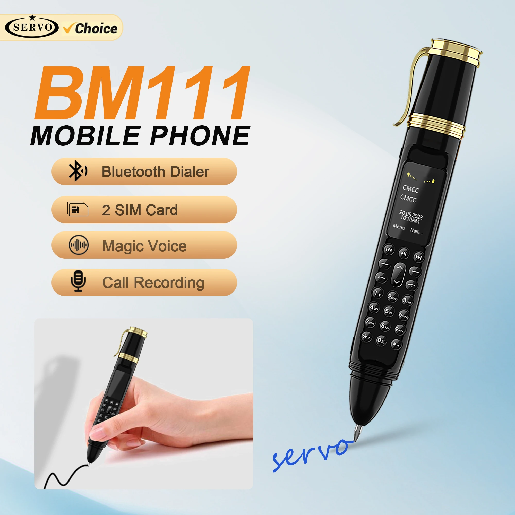 S66c0b4aa94be479085bd138612c7bc99V.webp SERVO BM111 Pen Style Mobile Phone Magic Voice Bluetooth Dialer FM Radio 2G Dual SIM Standby 0.96" Screen Fan Feature Cellphones - Image 1