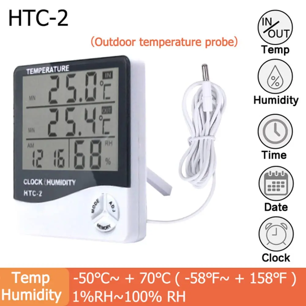 S9160c2b112e740ea886152e2ca486923e.webp LCD Digital Temperature Humidity Meter HTC-2/HTC-1 Home Indoor Outdoor Hygrometer Thermometer Weather Station with Clock - Image 1