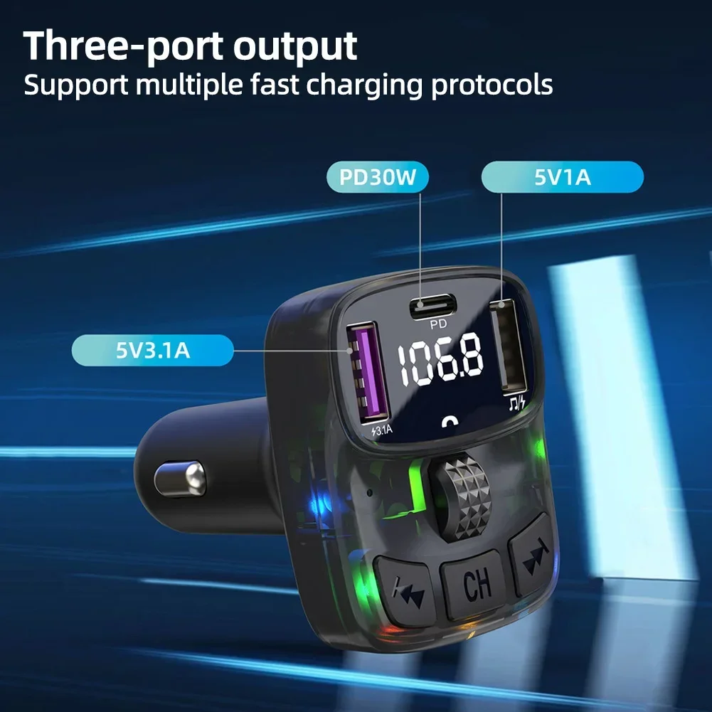 Sa77f1d0c049e48fdb22cf580efe5a5c2C.webp Bluetooth 5.3 FM Transmitter Car Charge Handsfree Charge Radio Modulator MP3 Player with PD15W Super Quick Charge Adapter - Image 1