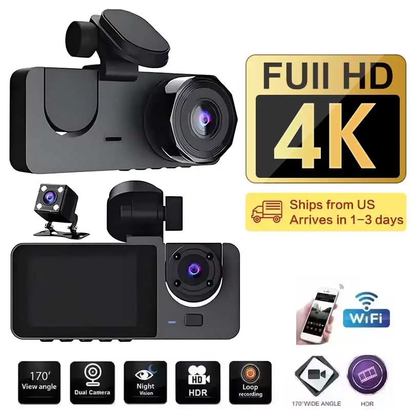Sb50c1889cda2451eb6c1c33562c9d8aaT.webp Car DVR 3Channel Dash Cam for Car 4K Video Recorder WIFI APP Dashcam Front and Rear View Camera Night Vision Car Accessories - Image 1