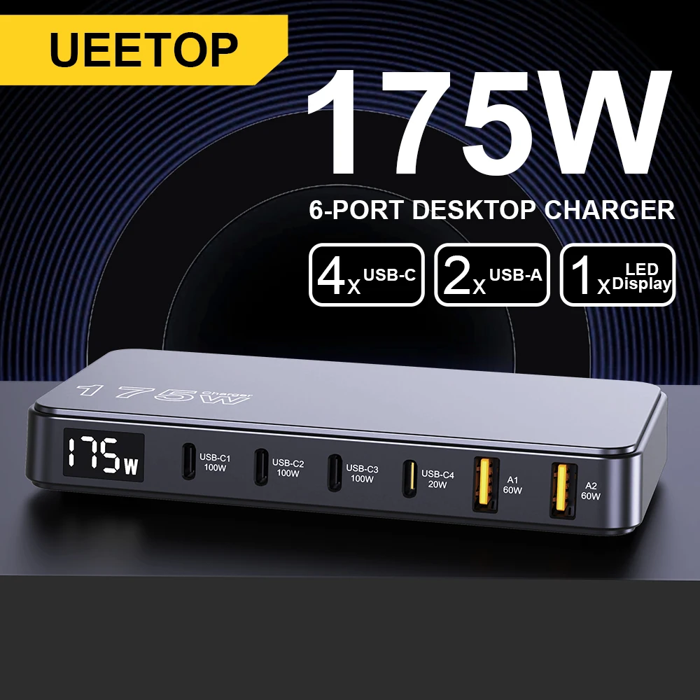 Scf257f064feb4107bb58bf8a85439906N.webp Ueetop 175W GaN USB C Charger LED Display 6-Port Desktop Charger Type C PD 100W PPS 45W Fast Charging for MacBook Samsung iPhone - Image 1