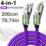 240W USB Fast Charging Data Cables 4-in-1 Micro USB Type C With Breathing Lamp Quick Charge For iPhone 16 Huawei Samsung Xiaomi