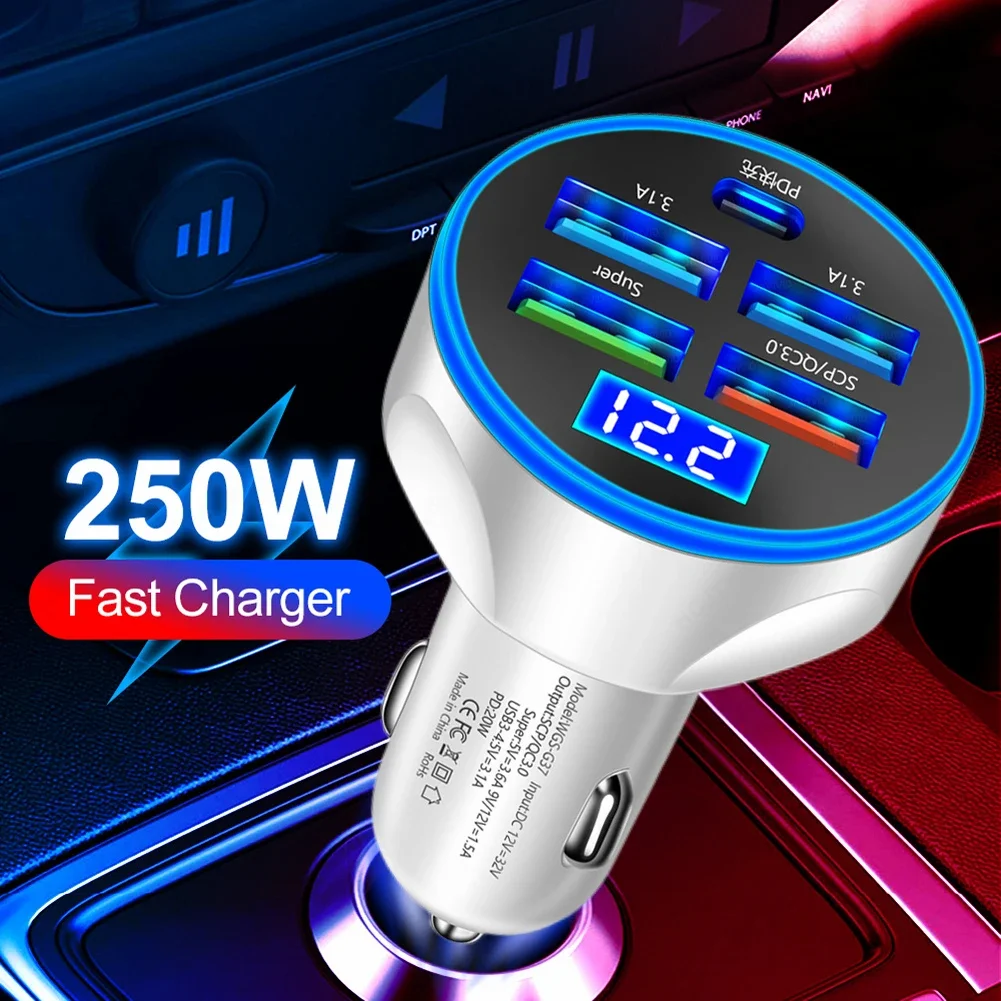 Sf1e641385a9d41ad9b9544f2b5c18e82t.webp 250W PD Car Charger 5 Ports Fast Charging PD QC 3.0 USB C Car Quick Charger Type-C Adapter in Car For iPhone Samsung Xiaomi - Image 1