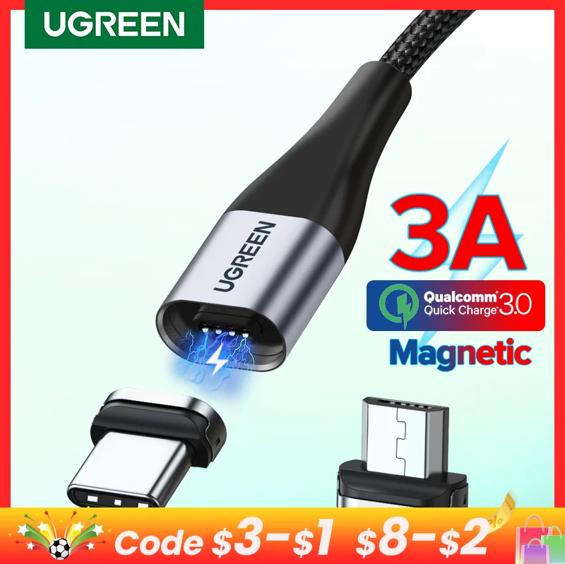 Sf79a063f09444cbcb776c64a7b362319O.webp UGREEN Magnetic USB Charging Cable Type C Micro USB Phone Cable Magnet Charger Micro USB For Xiaomi 3A Mobile Phone Wire Cord - Image 1