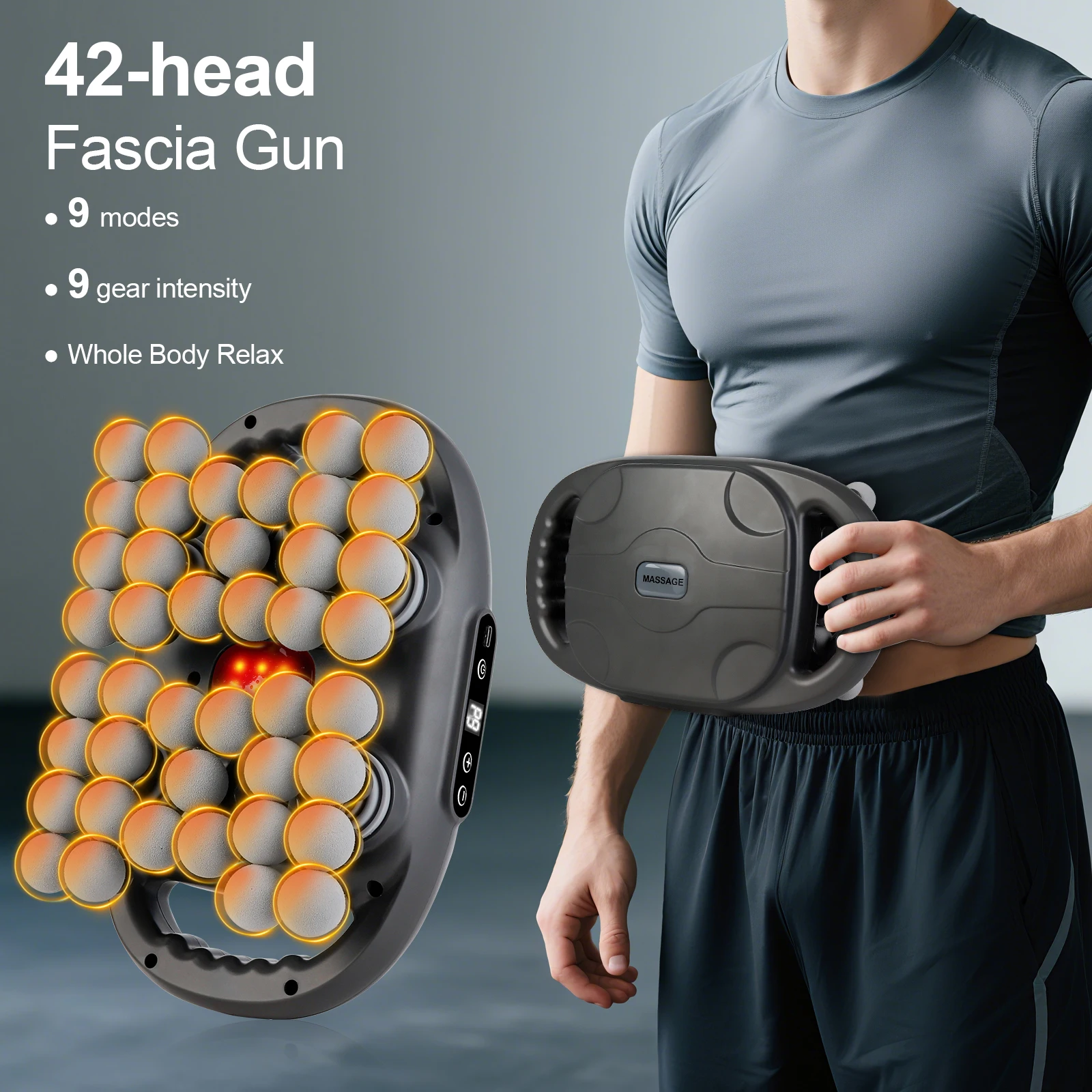 S3703c90be14b4d38b42593e613caef74z.webp 42 Heads Fascia Gun High-frequency Vibration Deep Massage Device for Shoulder Waist Back Leg Body Muscle Relaxation - Image 1